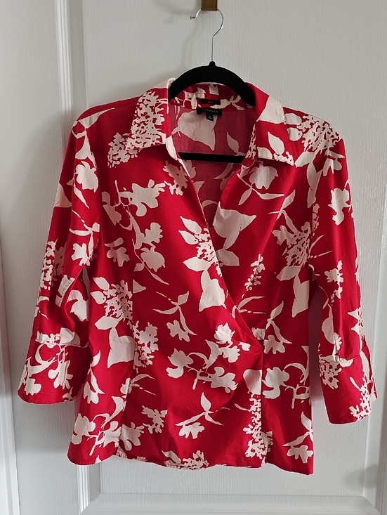 Talbots Tops - Talbots Red and White Floral Wrap-Style Blouse
